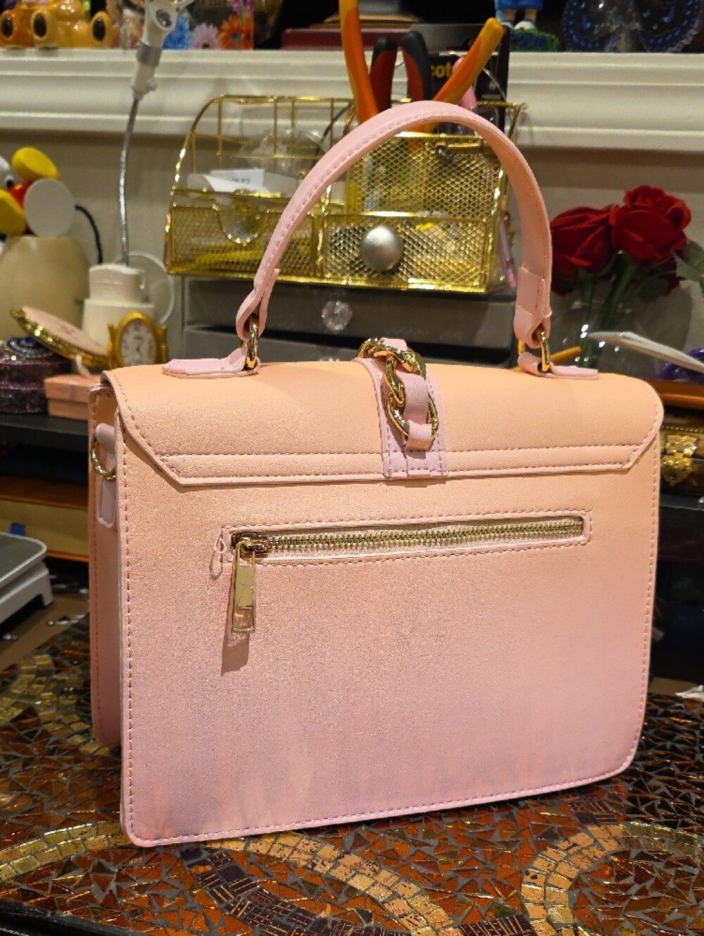 ALDO Pink and Cream Top-Handle Satchel with Gold Chain - Picture 4 of 11